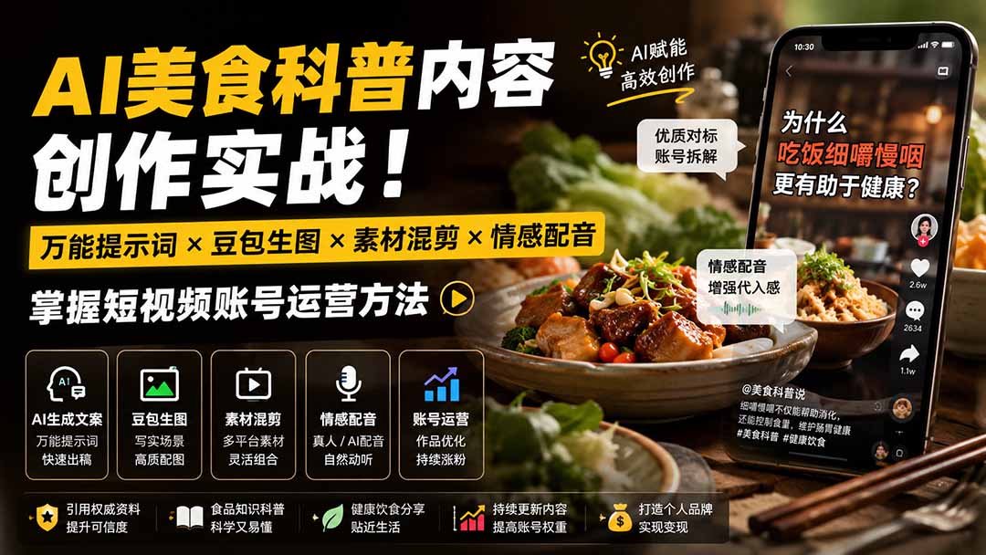 [短视频运营]（19730期）外面卖199元-AI美食科普内容创作实战！万能提示词×豆包生图×素材混剪×情感配音，掌握短视频账号运营方法-第1张图片-智慧创业网